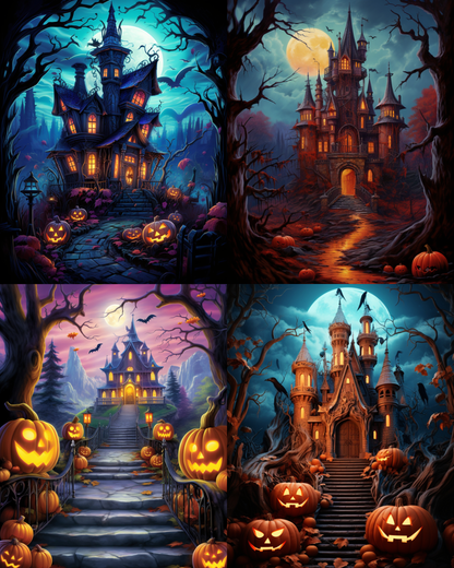 The image is a collage of four Halloween-themed scenes featuring spooky mansions, jack-o'-lanterns, and a moonlit forest.