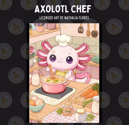 The image is a colorful illustration depicting an axolotl, a type of salamander, cooking a meal in a kitchen setting.