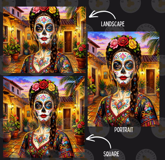 The image is a collage of three images depicting a woman with a painted skull face, wearing a colorful dress and headpiece, in a landscape and portrait setting.