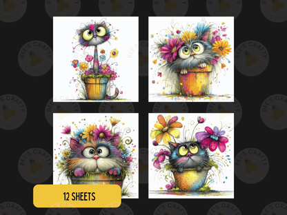 The image is a collage of four colorful illustrations of cats sitting in flower pots, each with a unique floral arrangement.