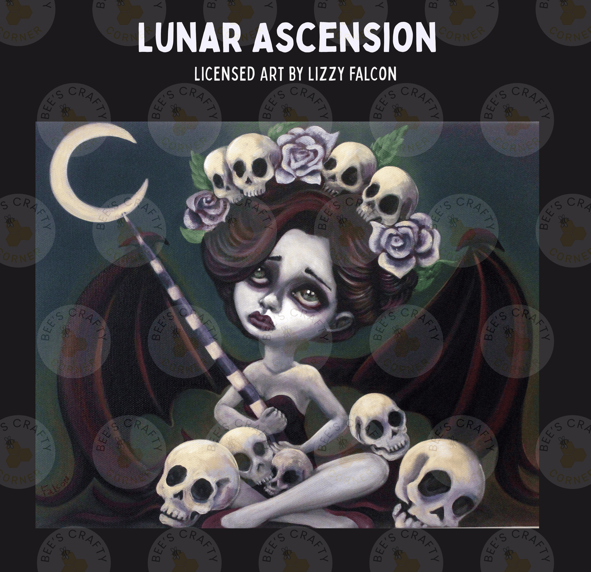 The image is a painting depicting a female figure with a crescent moon and skull-like elements surrounding her, creating a dark and gothic atmosphere.