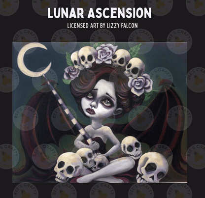 The image is a painting depicting a female figure with a crescent moon and skull-like elements surrounding her, creating a dark and gothic atmosphere.