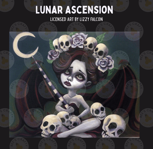 The image is a painting depicting a female figure with a crescent moon and skull-like elements surrounding her, creating a dark and gothic atmosphere.