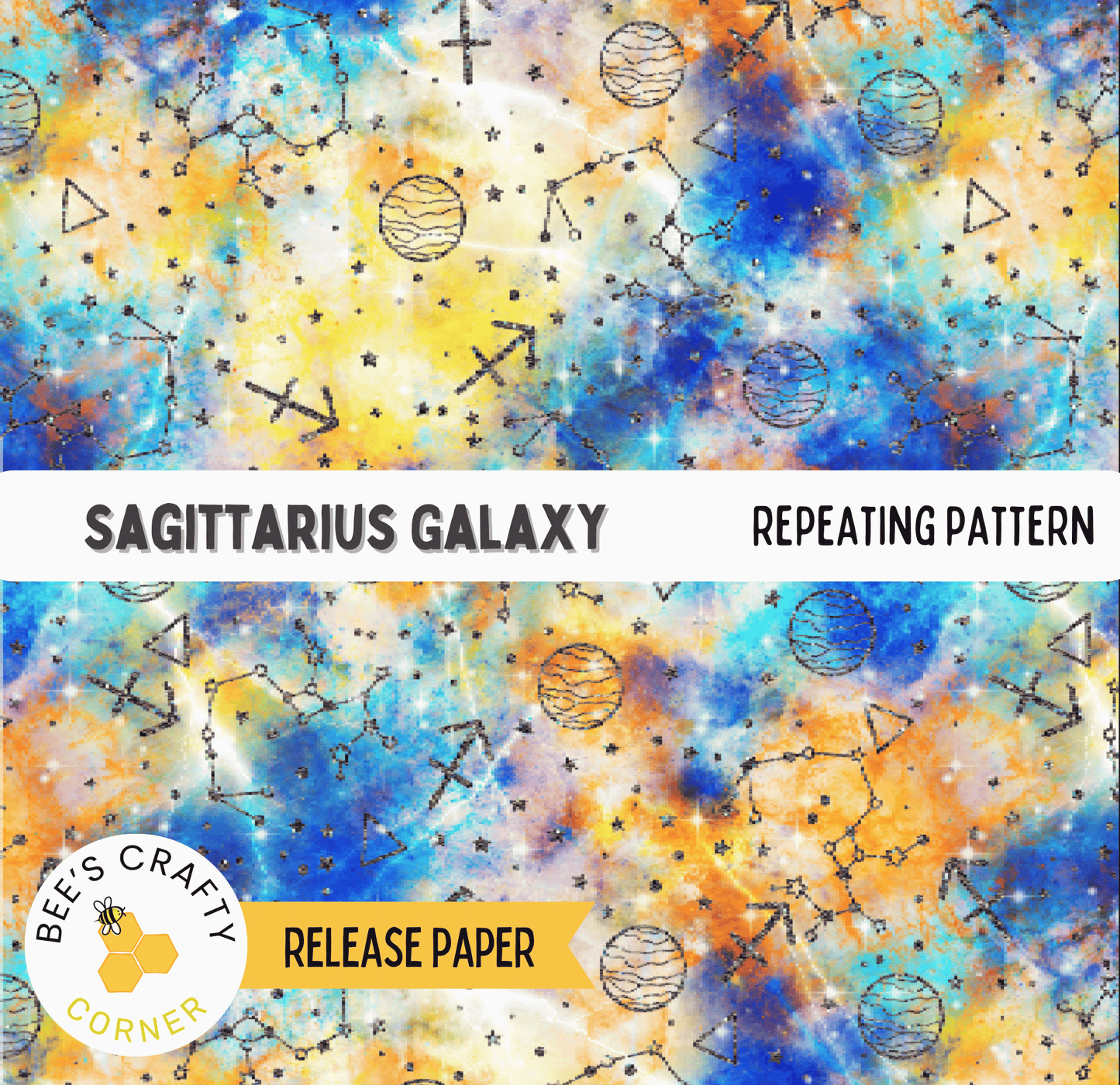 The image is a repeating pattern of the Sagittarius Galaxy, a zodiac sign, with various celestial elements such as planets, stars, and constellations. The pattern is vibrant and colorful, creating a visually striking and cosmic-themed design.