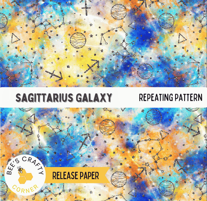 The image is a repeating pattern of the Sagittarius Galaxy, a zodiac sign, with various celestial elements such as planets, stars, and constellations. The pattern is vibrant and colorful, creating a visually striking and cosmic-themed design.