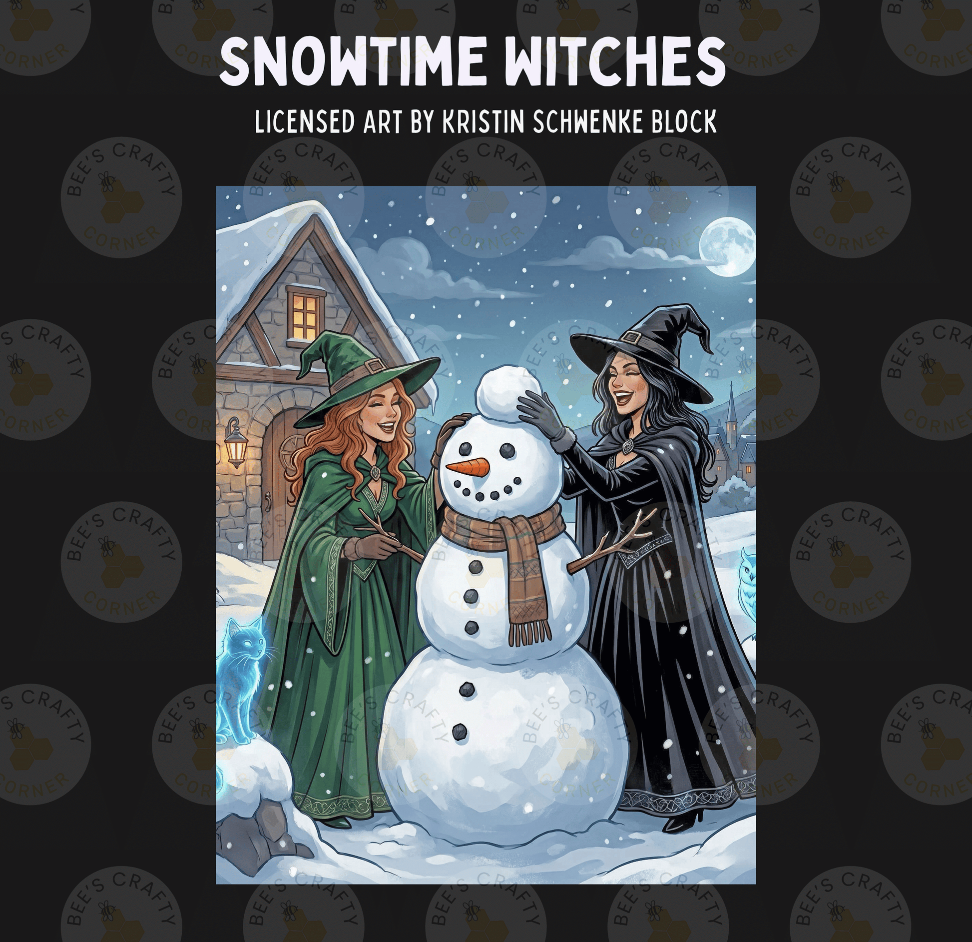 two women dressed as witches standing next to a snowman, with a cat nearby.