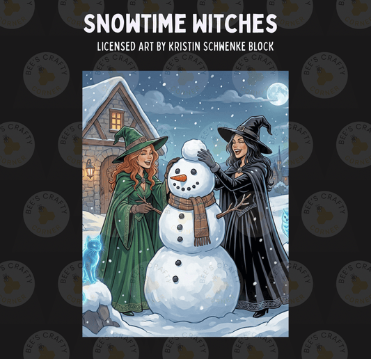 two women dressed as witches standing next to a snowman, with a cat nearby.