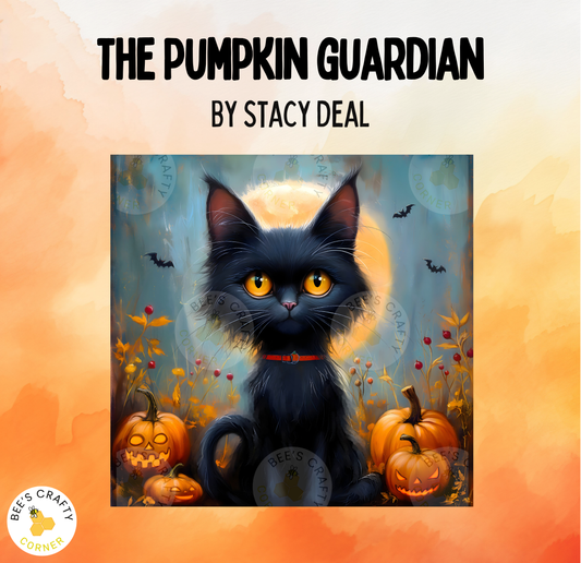 The image is a collage featuring a black cat with yellow eyes, surrounded by pumpkins and bats against a backdrop of a full moon and autumn foliage.