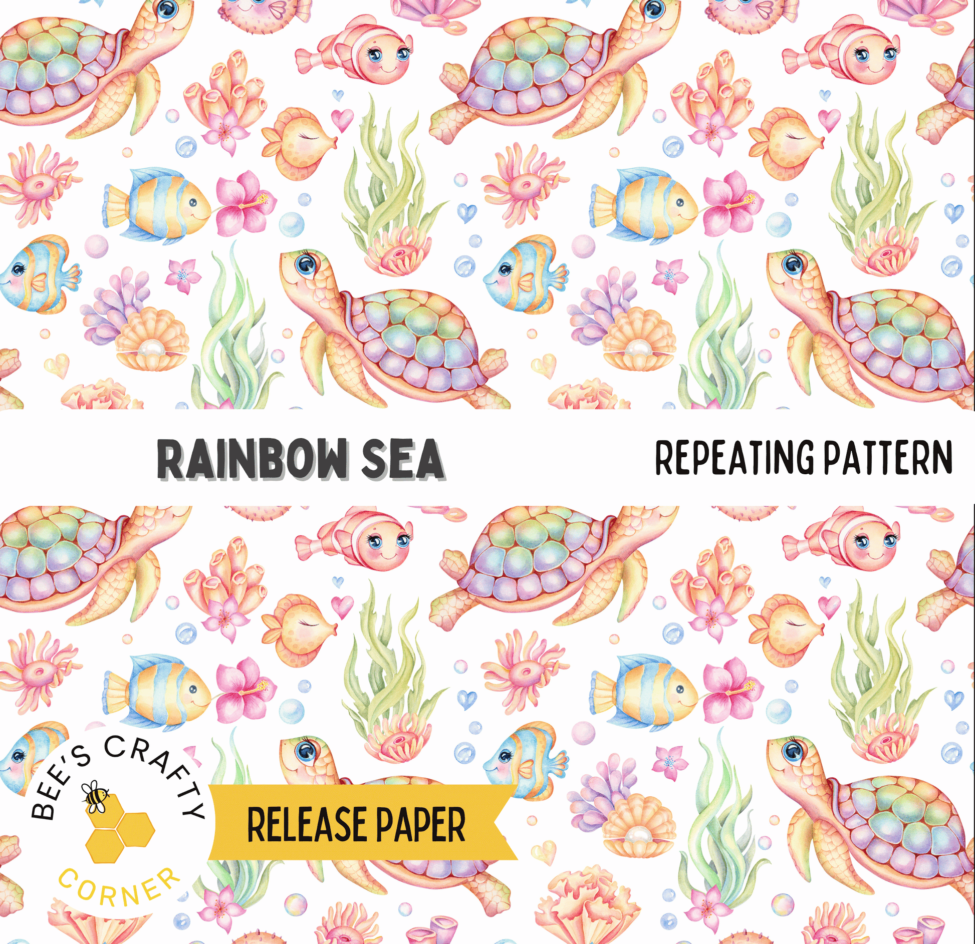 The image is a repeating pattern of colorful sea creatures, including fish, sea plants, and other marine life, arranged in a visually appealing and vibrant manner.