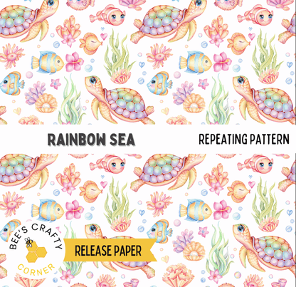 The image is a repeating pattern of colorful sea creatures, including fish, sea plants, and other marine life, arranged in a visually appealing and vibrant manner.