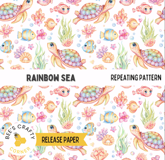 The image is a repeating pattern of colorful sea creatures, including fish, sea plants, and other marine life, arranged in a visually appealing and vibrant manner.