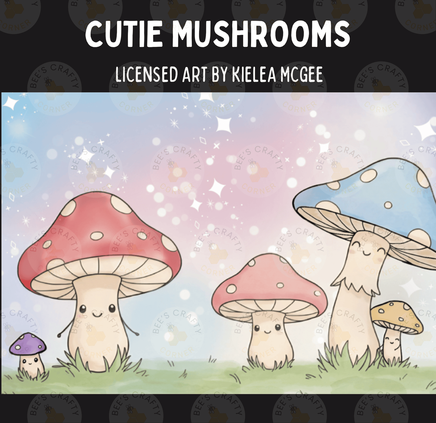 The image is a whimsical illustration featuring a group of four mushroom characters with distinct colors and expressions, set against a starry night sky background.