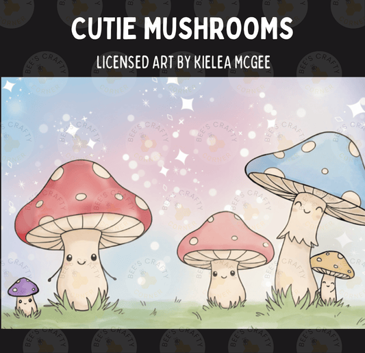 The image is a whimsical illustration featuring a group of four mushroom characters with distinct colors and expressions, set against a starry night sky background.