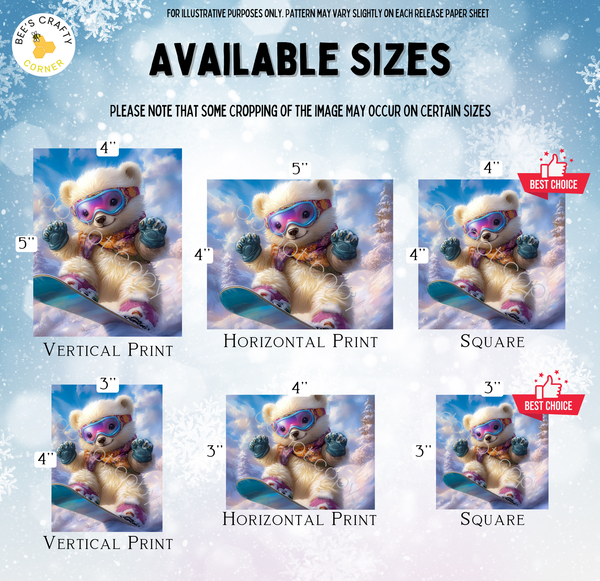The image is a collage of six images featuring a teddy bear wearing a snow suit and riding a snowboard. The images are available in different sizes, including 4", 5", 4", 5", 4", and 3".