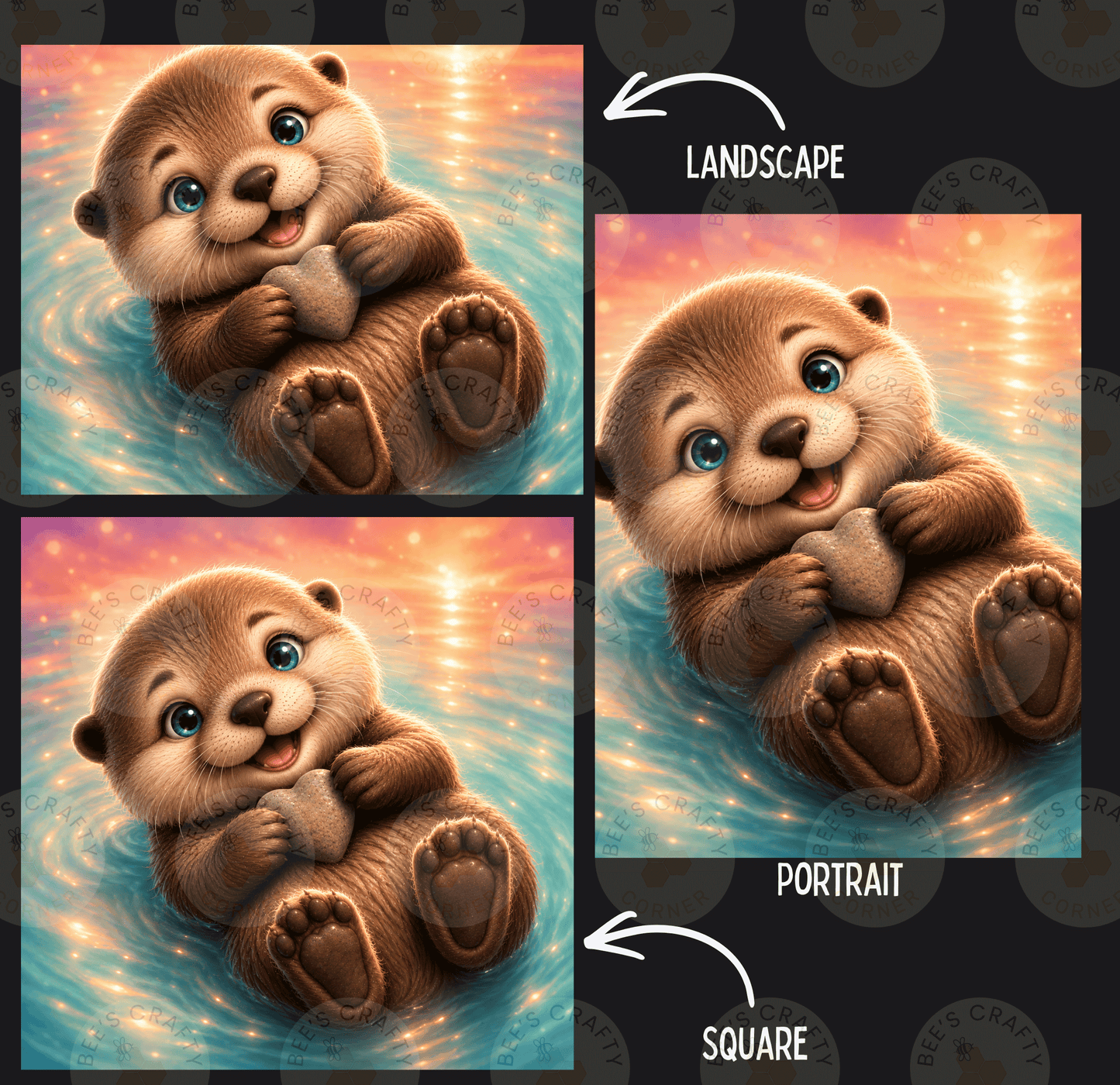 The image is a collage of three images depicting a cute baby otter holding a heart. The images are labeled as a landscape, portrait, and square, and the text "LANDSCAPE" is present in the top right corner of each image.