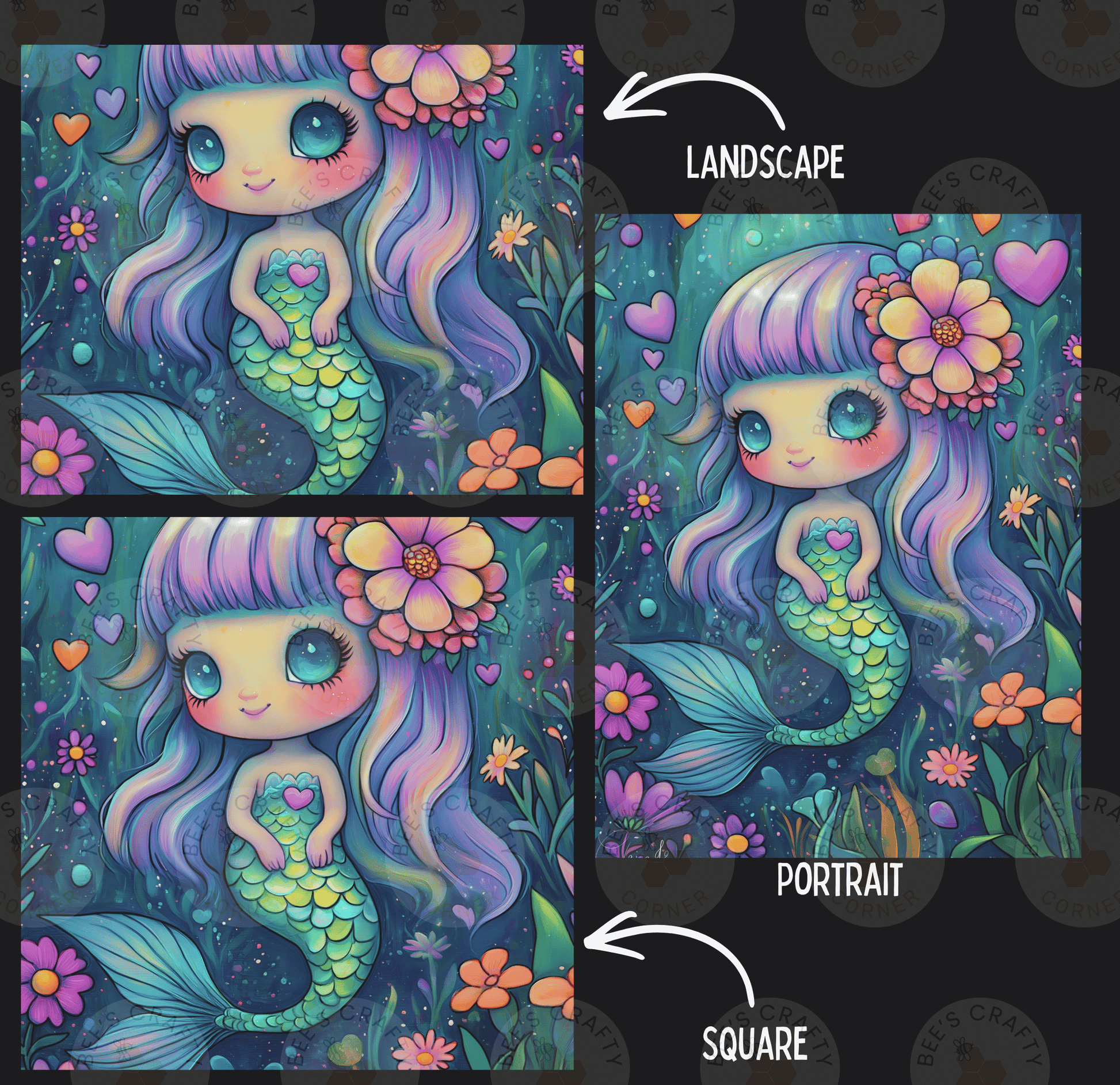 The image is a collage of three pictures depicting a mermaid with colorful flowers and plants surrounding her. The collage includes a landscape and a portrait of the mermaid, with the landscape and portrait images labeled as "LANDSCAPE" and "PORTRAIT" respectively.