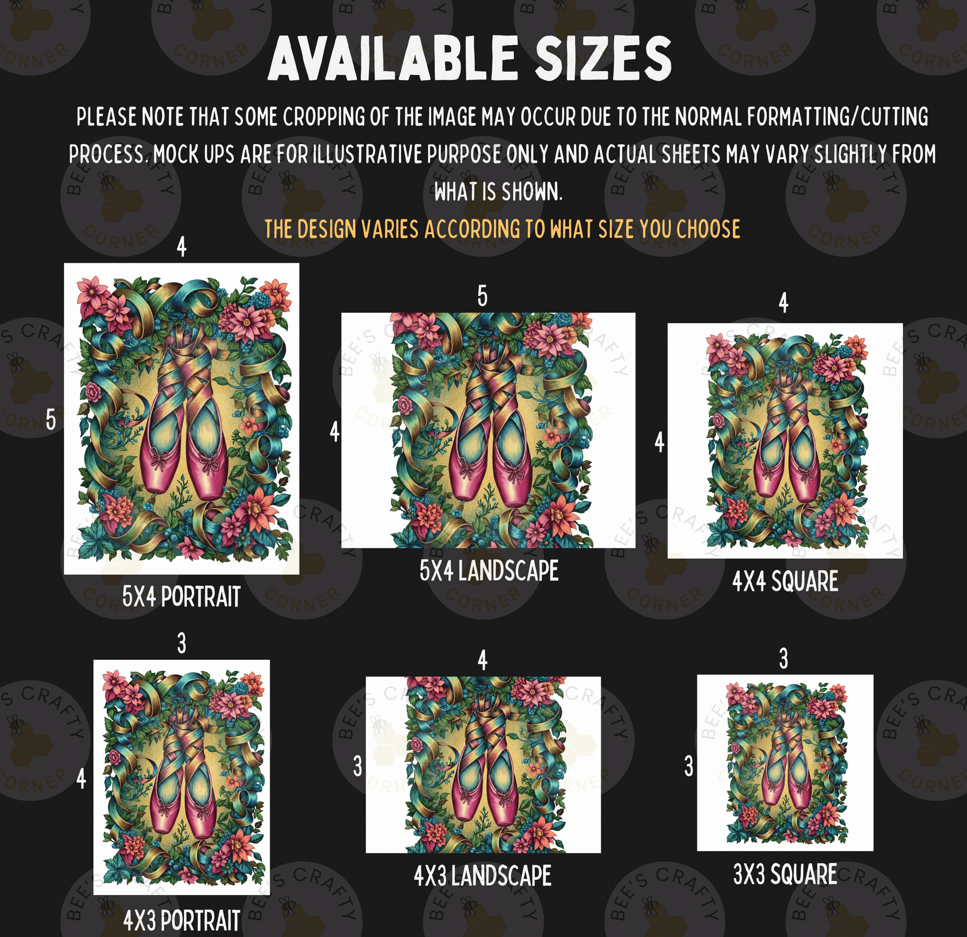 various sizes of a floral design with a pair of ballet slippers in the center, including a 5x4 portrait, a 5x4 landscape, a 4x3 square, a 3x3 portrait, and a 3x3 landscape.