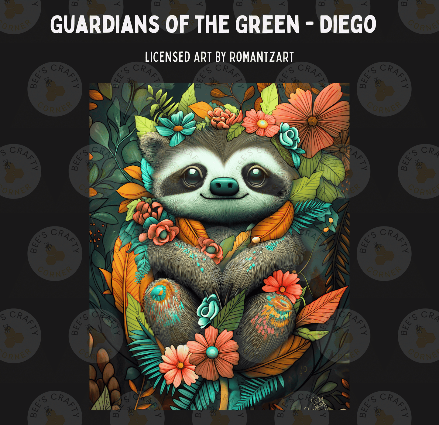 The image is a vibrant and colorful illustration of a sloth surrounded by an array of flowers, leaves, and foliage. The sloth is the central focus of the image, with its distinctive facial features and eyes prominently displayed. The background is filled with a lush, naturalistic setting, creating a sense of depth and complexity. The overall composition is visually striking and engaging, with the use of color and detail drawing the viewer's attention to the sloth and its surroundings.