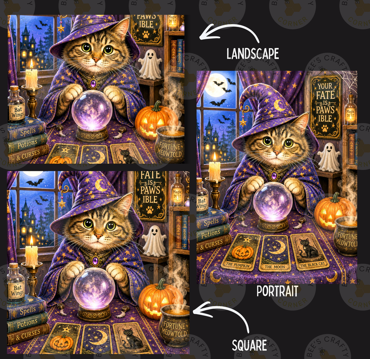 The image is a collage of three pictures depicting a cat dressed as a wizard, surrounded by Halloween-themed elements such as pumpkins, candles, and tarot cards.