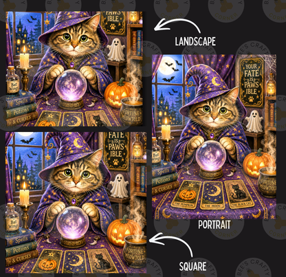 The image is a collage of three pictures depicting a cat dressed as a wizard, surrounded by Halloween-themed elements such as pumpkins, candles, and tarot cards.