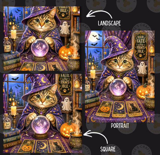 The image is a collage of three pictures depicting a cat dressed as a wizard, surrounded by Halloween-themed elements such as pumpkins, candles, and tarot cards.