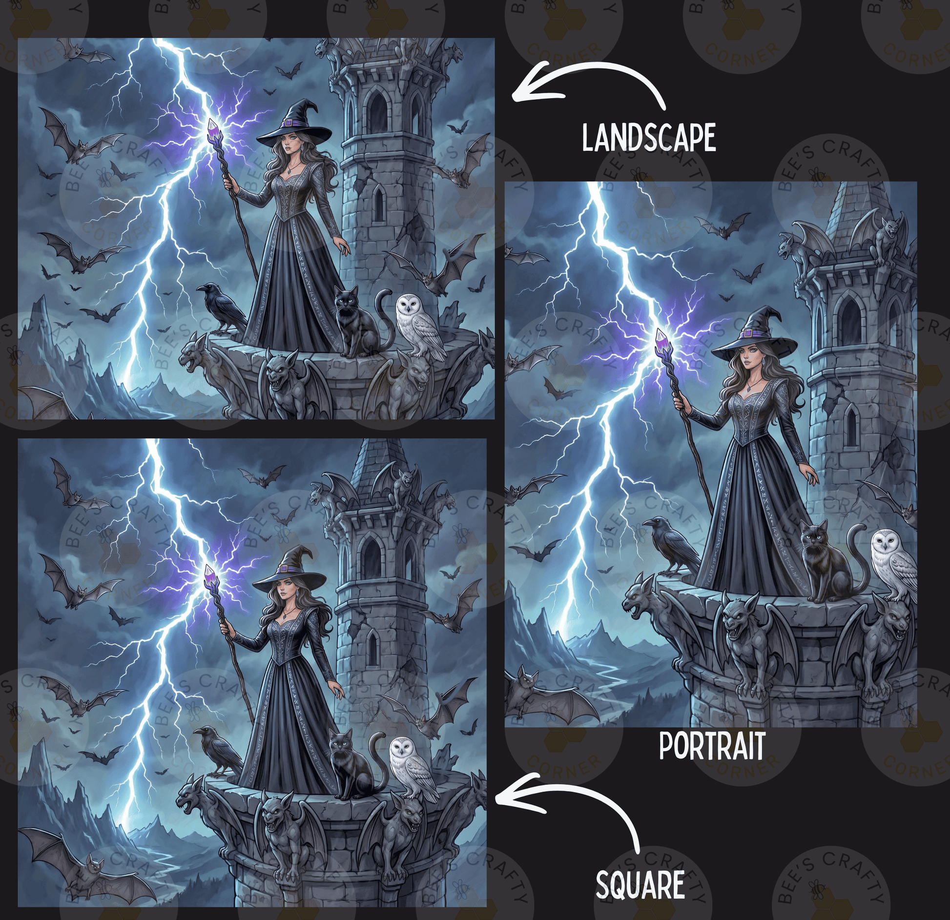 The image is a collage of three pictures depicting a witch standing on a castle pedestal, surrounded by lightning, bats, and owls.