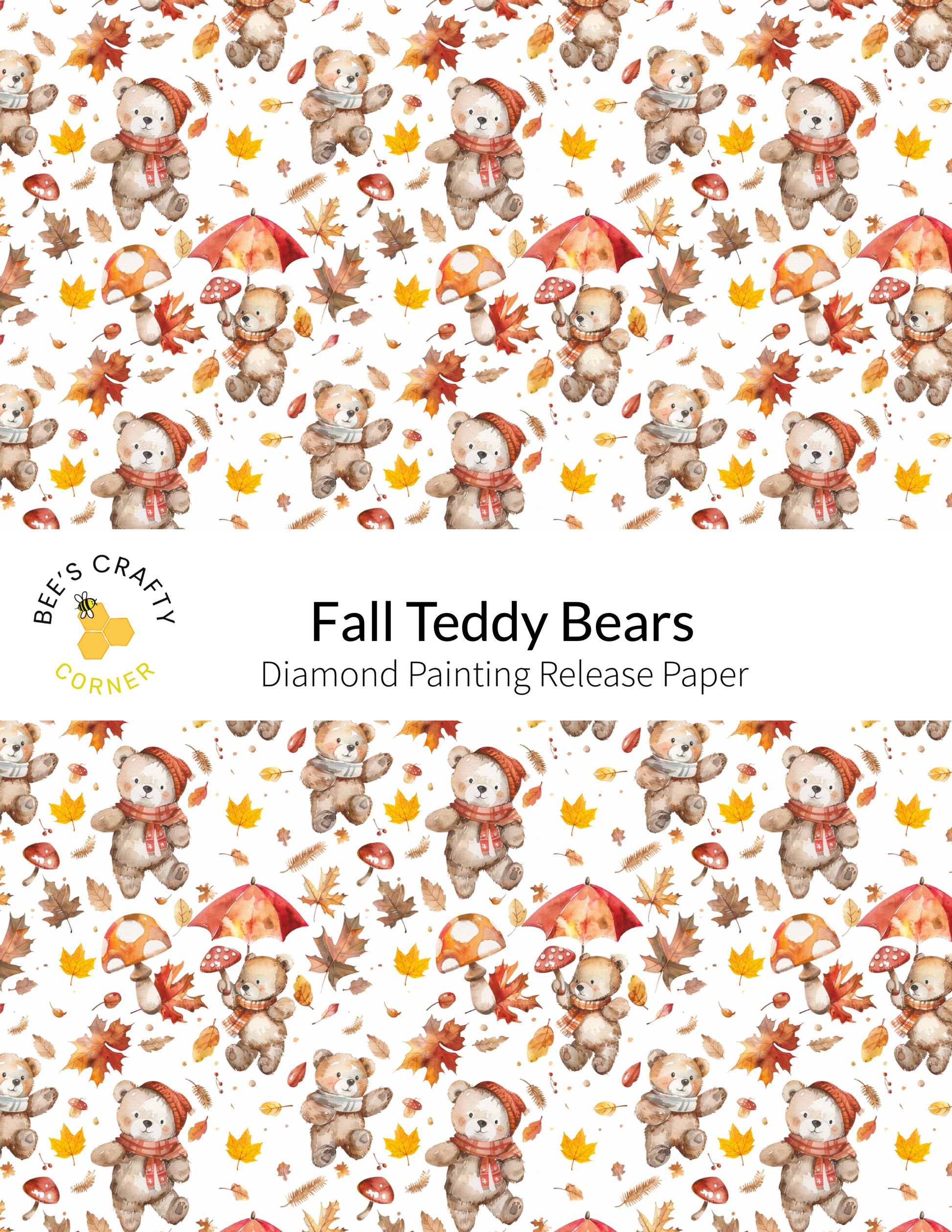 The image is a repeating pattern of teddy bears wearing hats and scarves, with autumn leaves scattered throughout the scene.