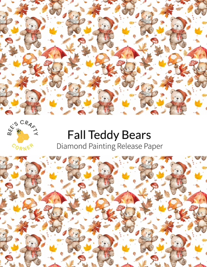 The image is a repeating pattern of teddy bears wearing hats and scarves, with autumn leaves scattered throughout the scene.