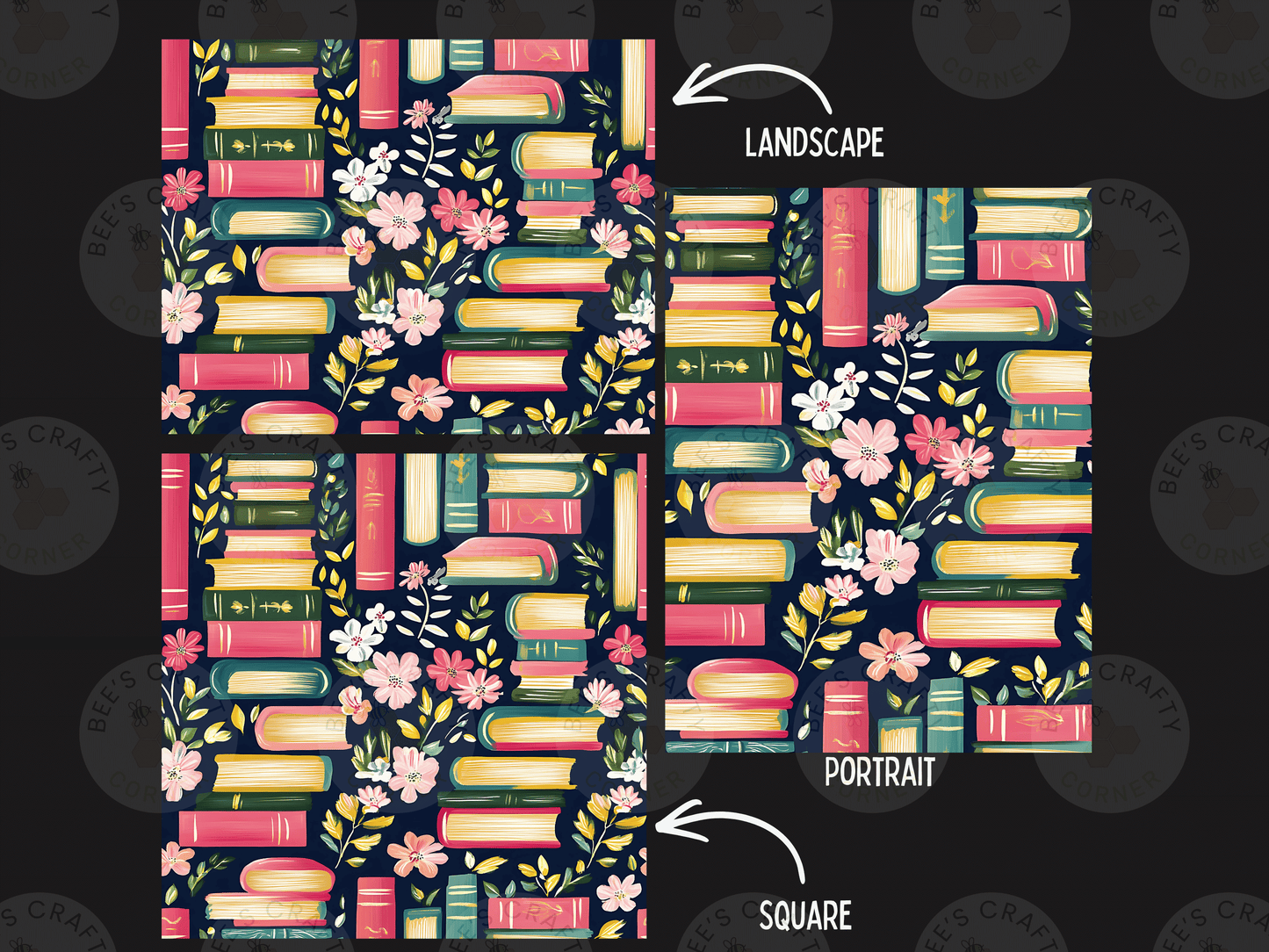 a repeating pattern of pink and green books with white flowers, arranged in a square format. The pattern is labeled as a landscape and a portrait, and it is described as a square.