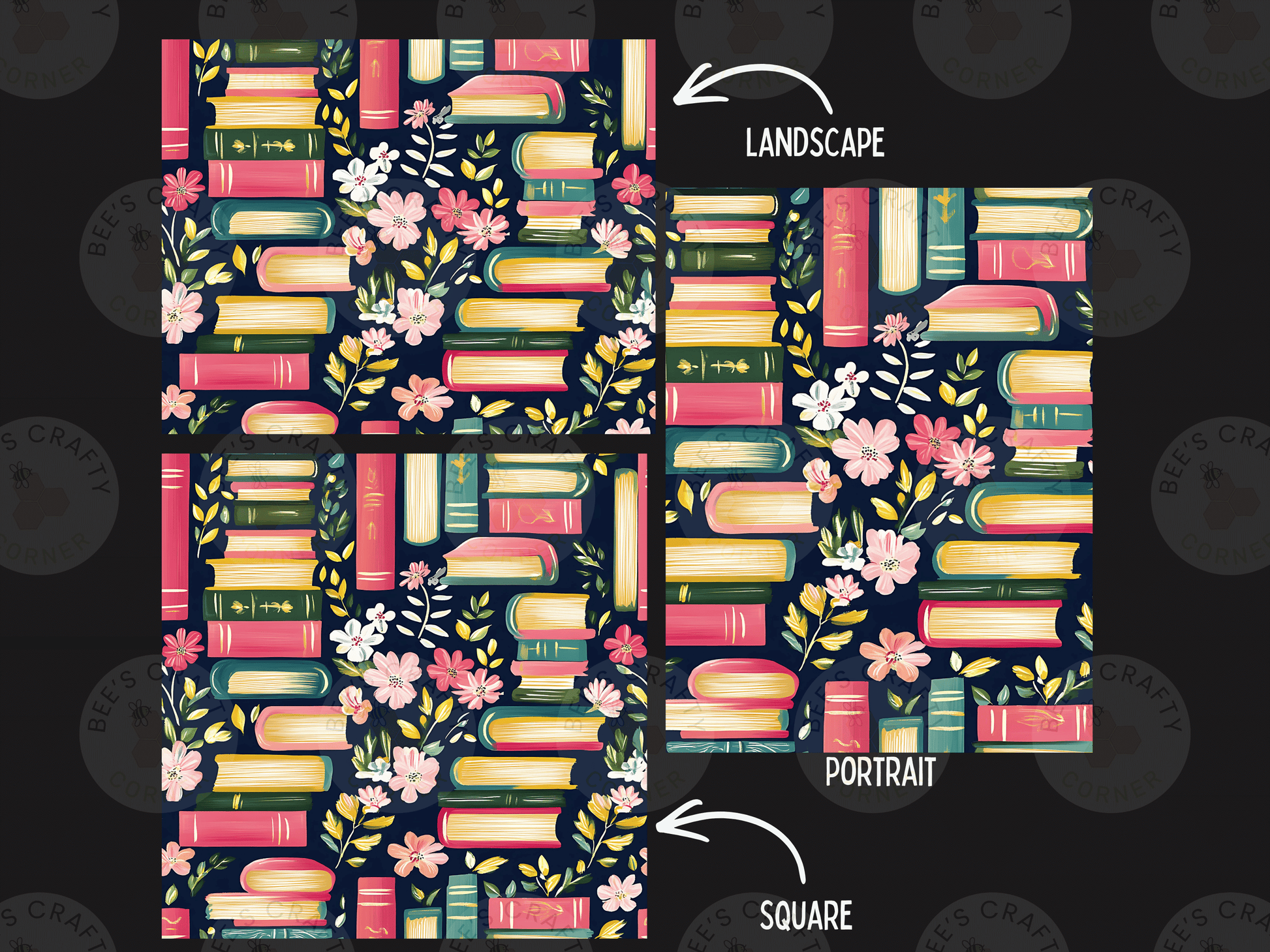 a repeating pattern of pink and green books with white flowers, arranged in a square format. The pattern is labeled as a landscape and a portrait, and it is described as a square.