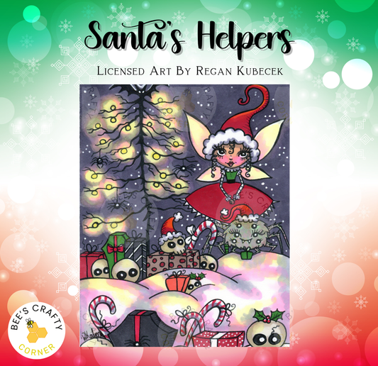 The image is a colorful illustration featuring a fairy-like character surrounded by various holiday-themed elements, such as a Christmas tree, presents, and candy canes.