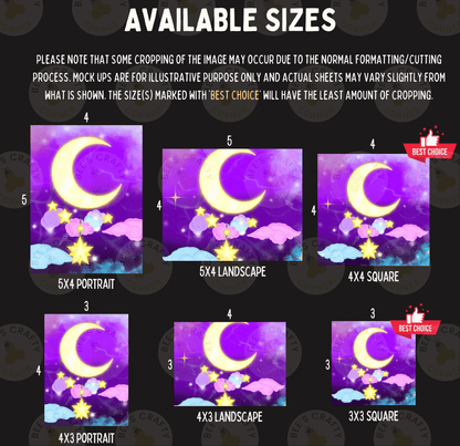 six different sizes of the same image, which appears to be a night sky scene with a crescent moon and stars. The sizes are marked with the text "AVAILABLE SIZES" and indicate that the cropping of the image may occur due to the normal formatting/cutting process, and that mock-ups are for illustrative purposes only and actual sheets may vary slightly from what is shown. The sizes are labeled as "5X4," "5X4 LANDscape," "4X3," "3X3 SQUARE," and "4X3 PORTRAIT."