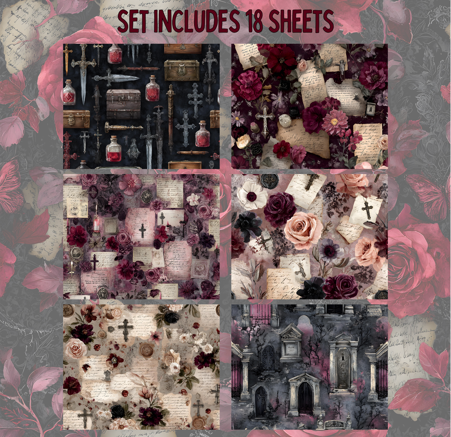 a collection of six distinct images, each with a unique background and floral motif. The images are arranged in a grid format, with two rows and three columns. The background of each image is a dark color, creating a stark contrast with the lighter floral elements. The floral motifs include roses, crosses, and other floral designs. The overall composition of the image is visually appealing and well-balanced, with each element contributing to the overall aesthetic.
