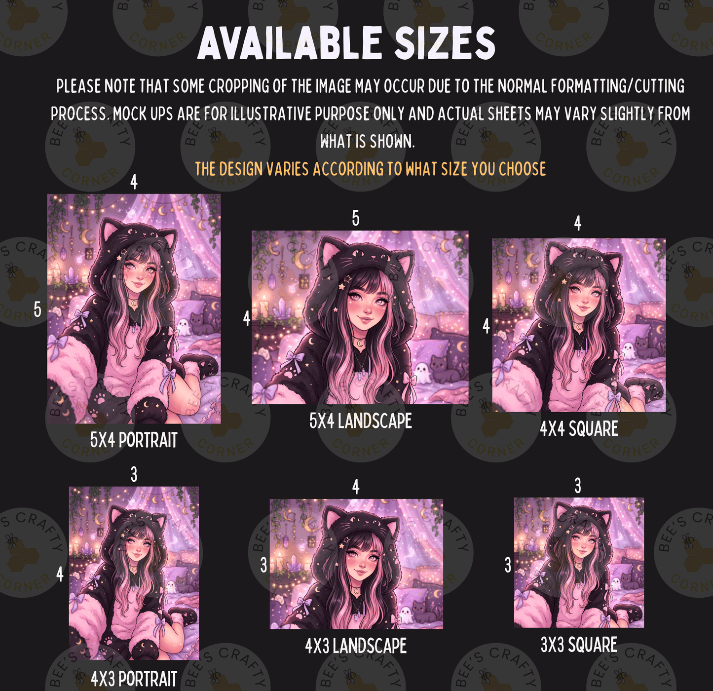 six different sizes of the same illustration of a young woman with long hair and cat ears, with various backgrounds and lighting effects.