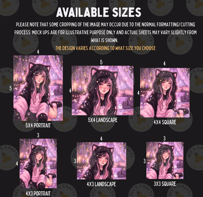 six different sizes of the same illustration of a young woman with long hair and cat ears, with various backgrounds and lighting effects.