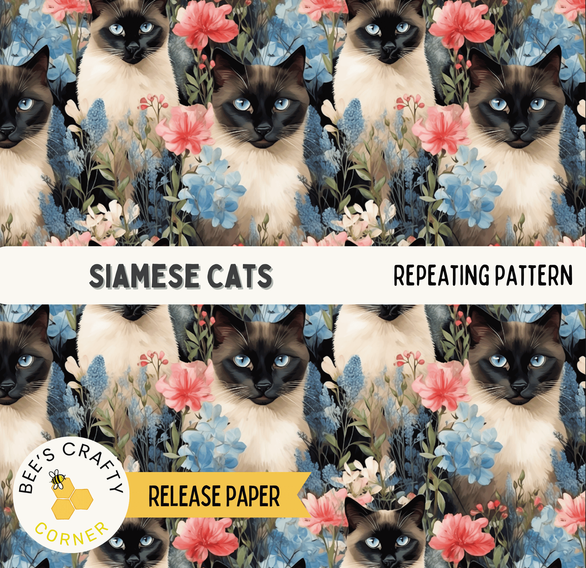 The image is a repeating pattern of Siamese cats surrounded by colorful flowers.