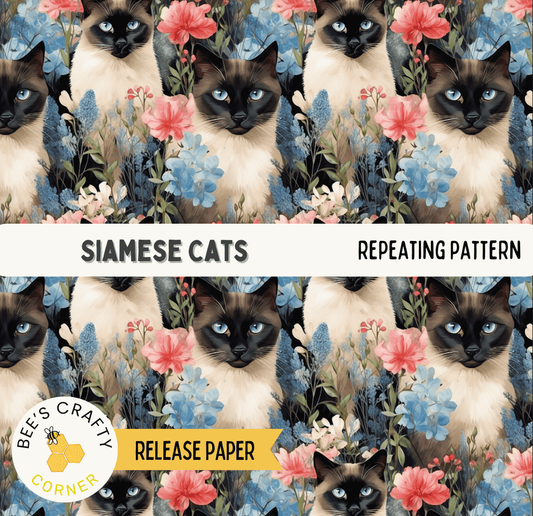 The image is a repeating pattern of Siamese cats surrounded by colorful flowers.