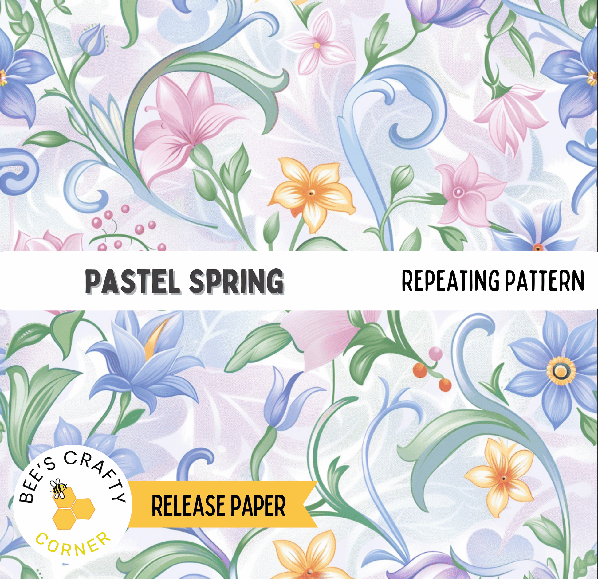 The image is a repeating pattern of pastel spring flowers, including various types of flowers and leaves in shades of pink, blue, yellow, and green.