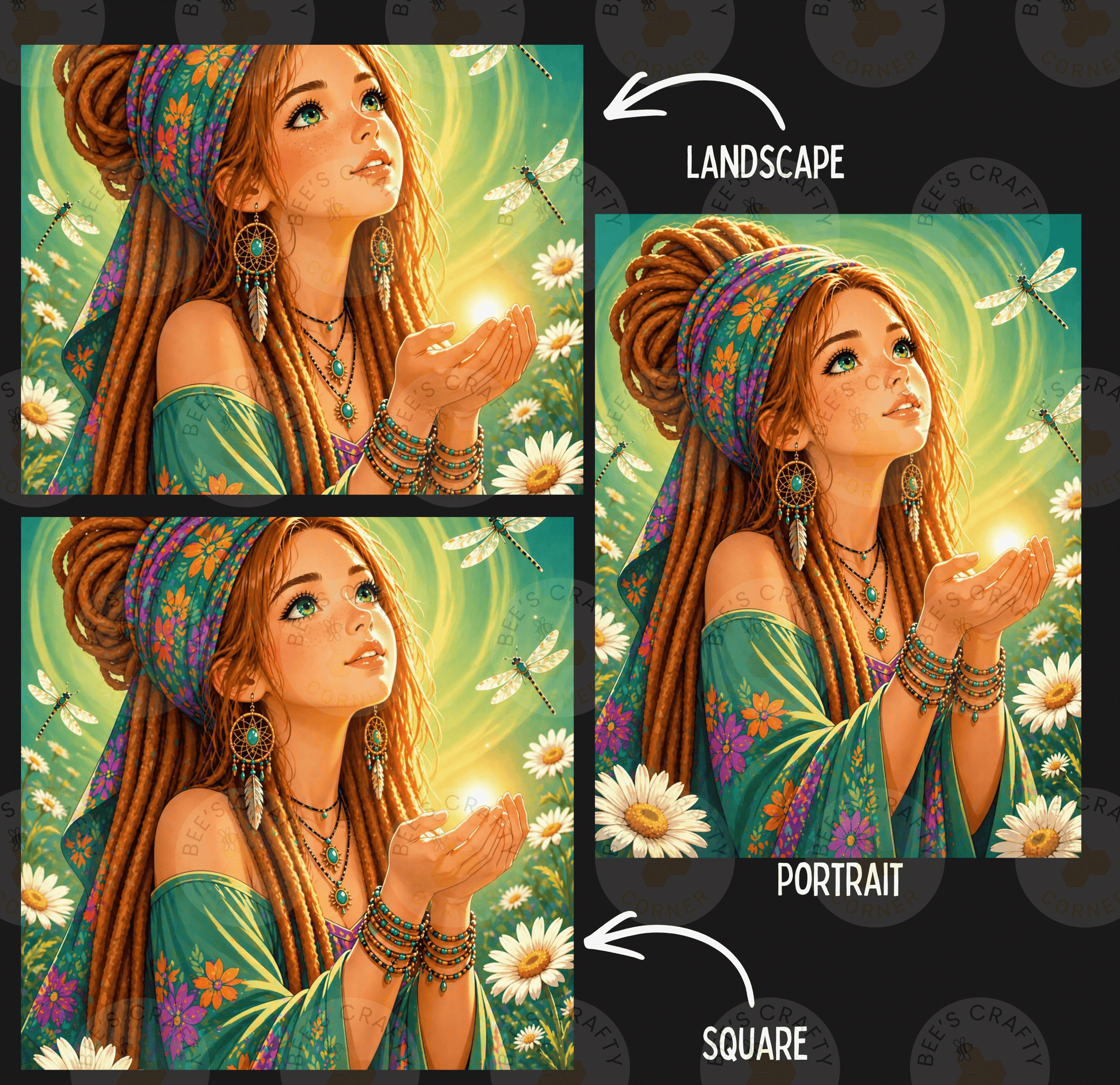 The image is a collage of three images depicting a young woman with long, braided hair and a turban, surrounded by flowers and butterflies. The images are labeled as "Landscape" and "Portrait" to indicate the different artistic styles used.