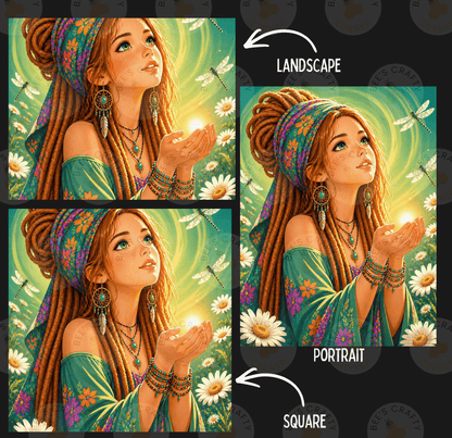 The image is a collage of three images depicting a young woman with long, braided hair and a turban, surrounded by flowers and butterflies. The images are labeled as "Landscape" and "Portrait" to indicate the different artistic styles used.