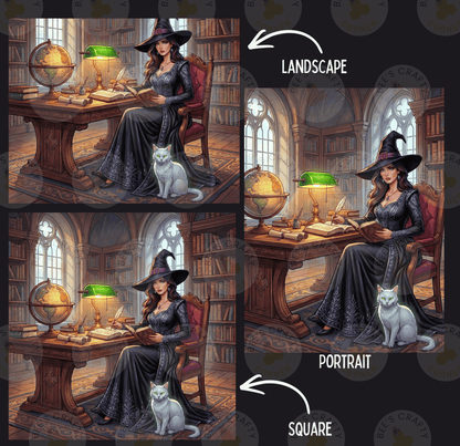 The image is a collage of four images depicting a woman in a witch's hat sitting at a desk with a globe, a cat, and a lamp. The images are labeled as "LANDscape" and "PORTRAIT" to differentiate between the two styles of illustration.