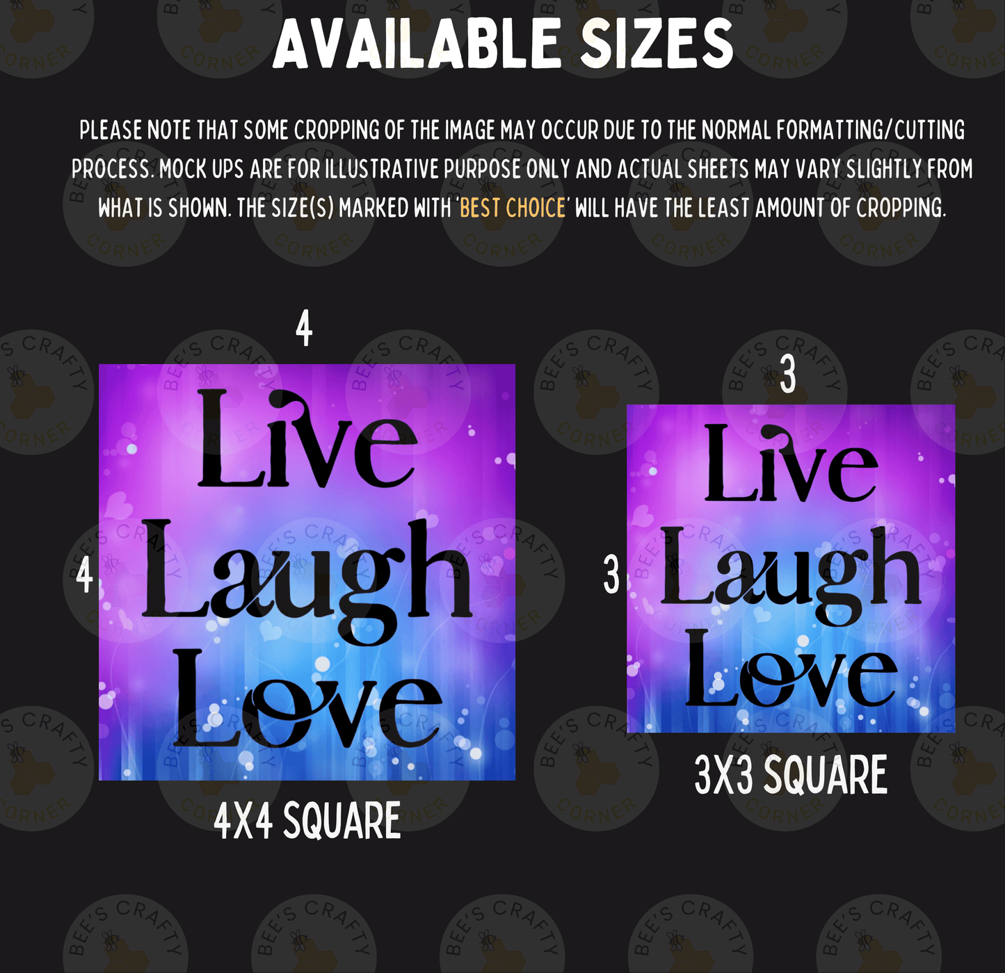 two square images with the text "Live Laugh Love" written on them. The images are available in different sizes, with one being 4x4 and the other being 3x3. The text on the images is in a stylized font, and the background of the images is purple.