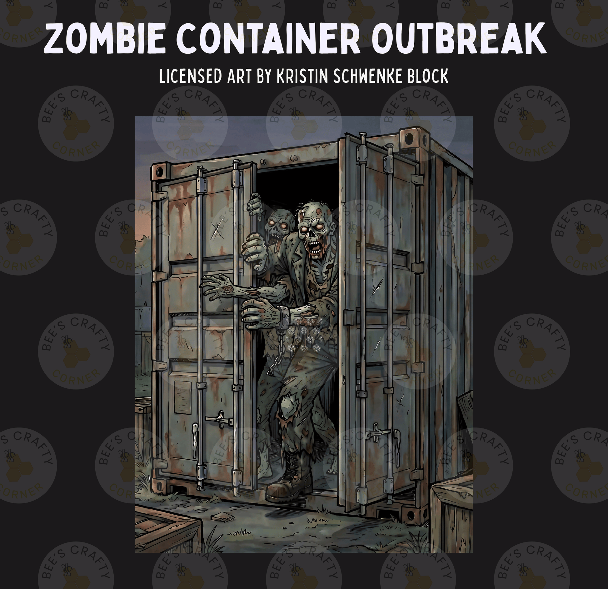 a zombie container outbreak, with a zombie-like creature emerging from a rusted and dilapidated container.