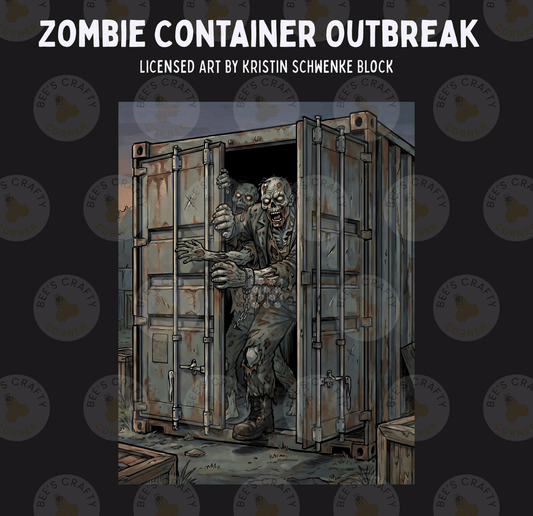 a zombie container outbreak, with a zombie-like creature emerging from a rusted and dilapidated container.