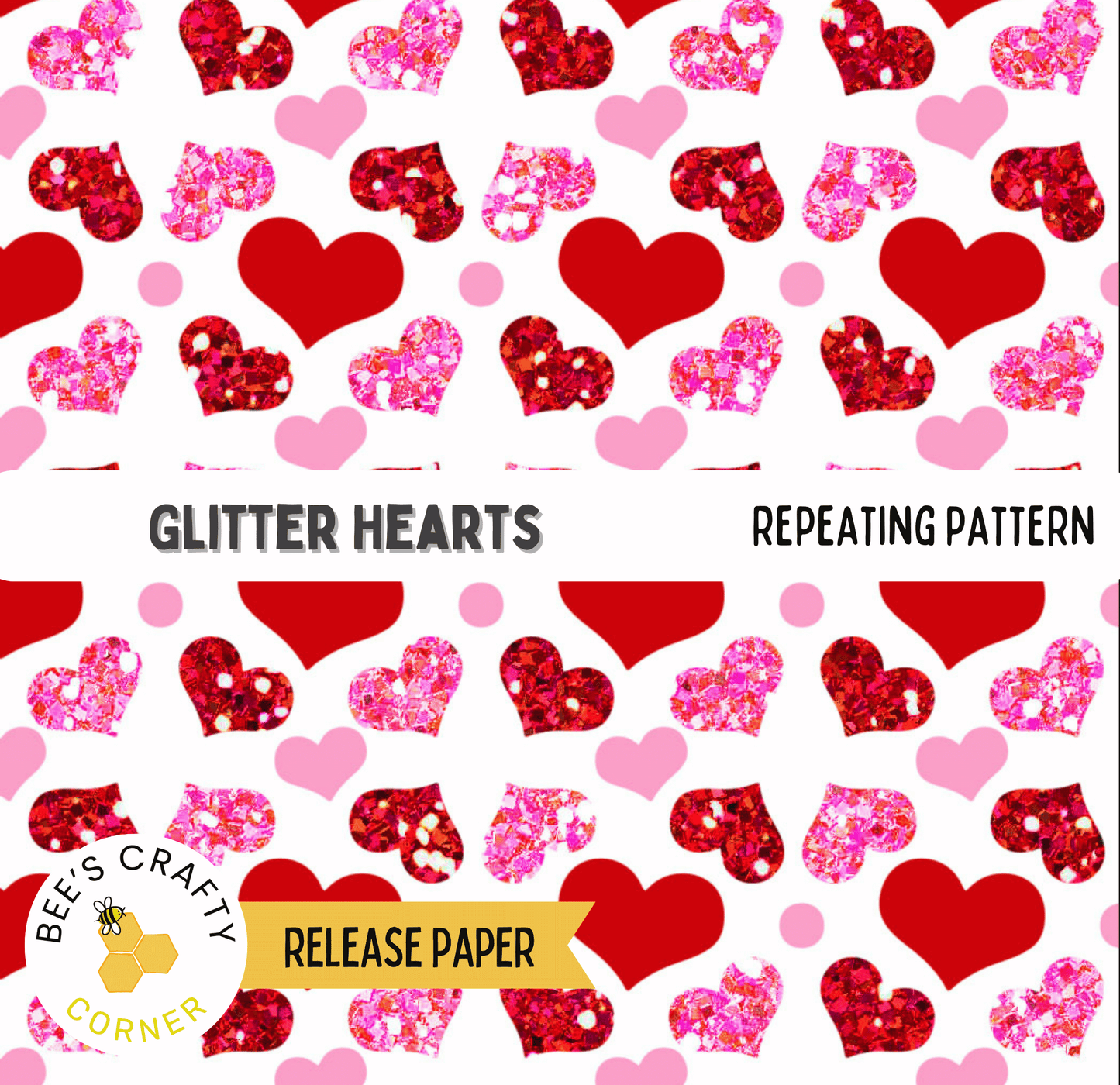 The image is a repeating pattern of red hearts with pink and white glitter accents, creating a visually appealing and festive design.