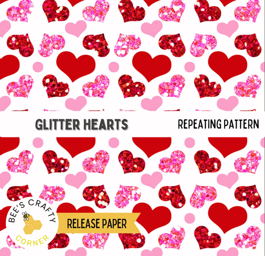 The image is a repeating pattern of red hearts with pink and white glitter accents, creating a visually appealing and festive design.