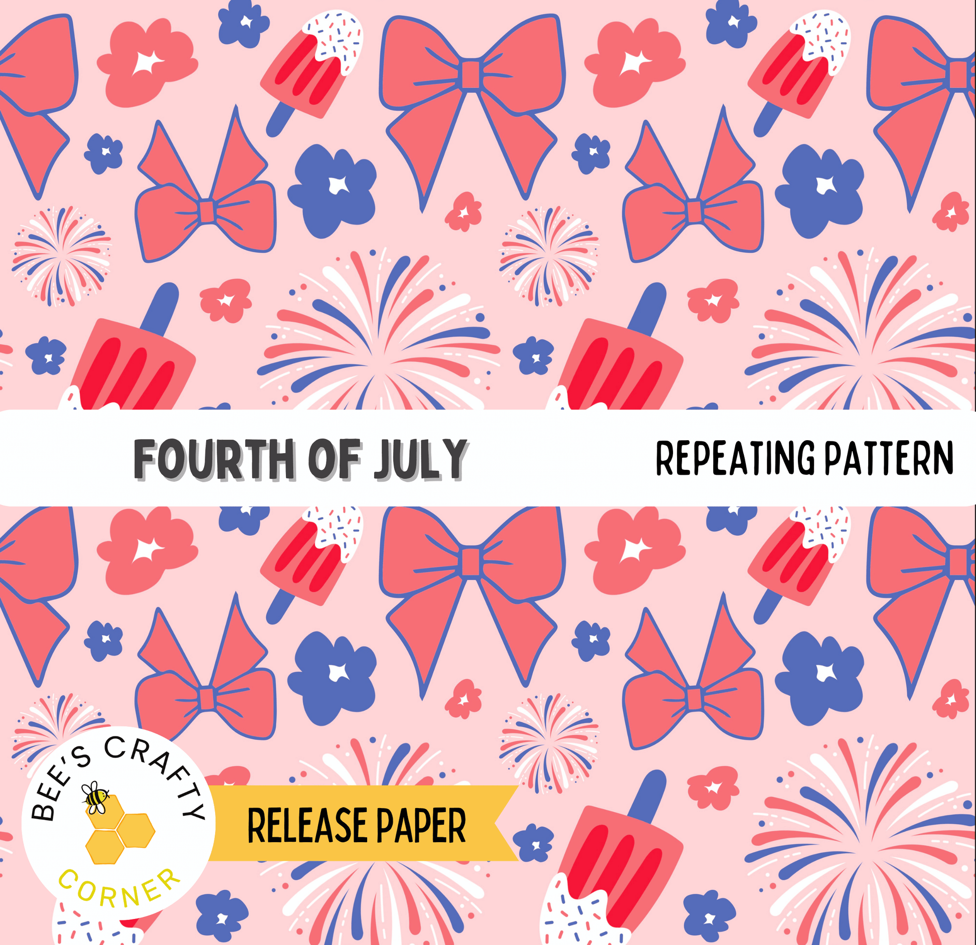 The image is a repeating pattern of various colorful elements, including popsicles, flowers, and fireworks, against a pink background. The pattern is designed to resemble the Fourth of July celebration, with the colors red, white, and blue.
