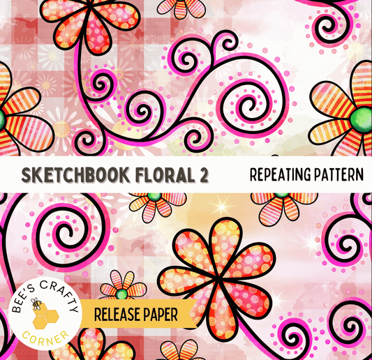 The image is a colorful and whimsical pattern featuring various stylized flowers and swirls in shades of pink, orange, and yellow. The pattern appears to be a repeating design, with the flowers and swirls arranged in a visually appealing manner.
