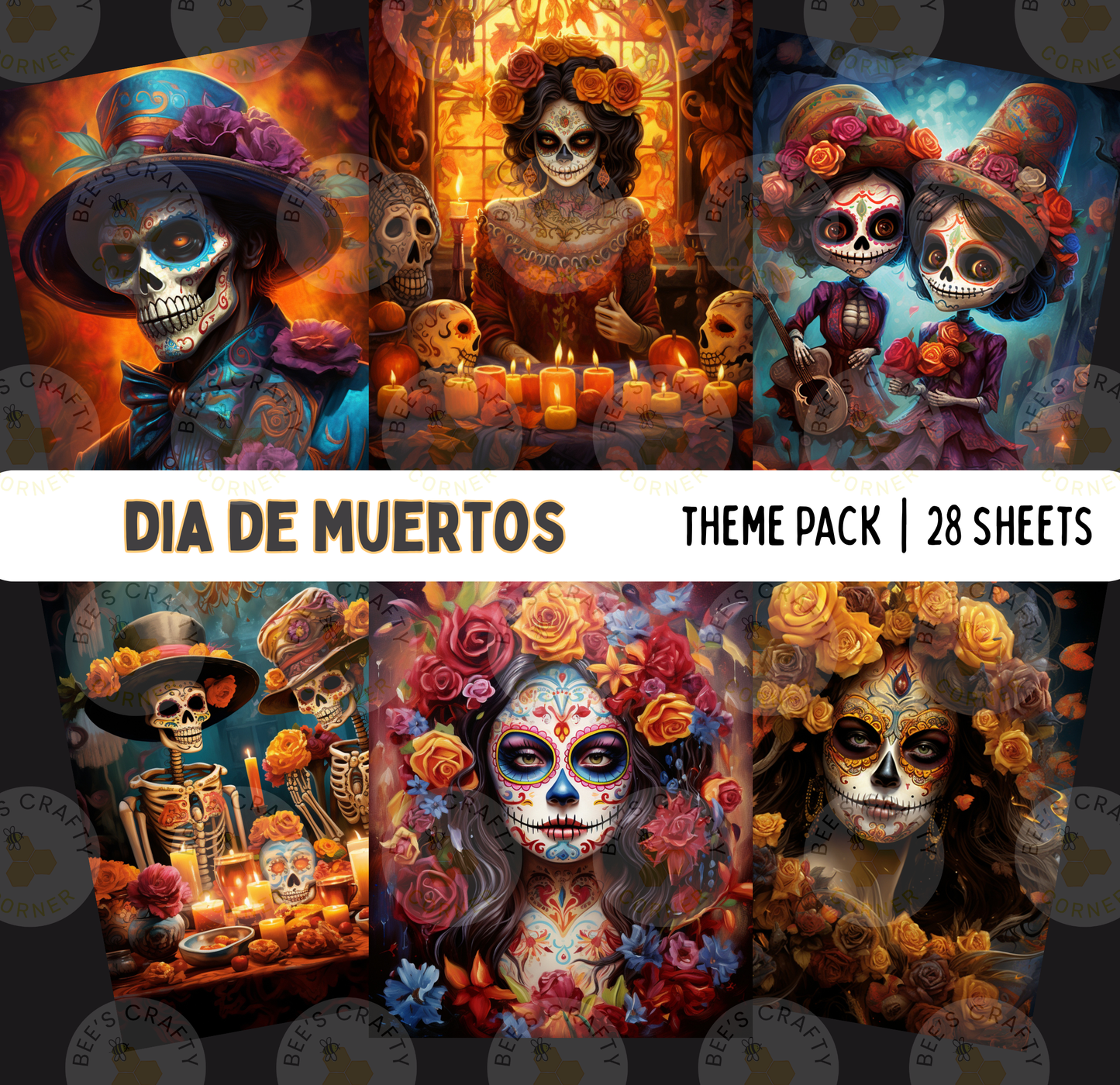 The image is a theme pack of various Day of the Dead-inspired artworks, including skull portraits, floral designs, and other festive elements.
