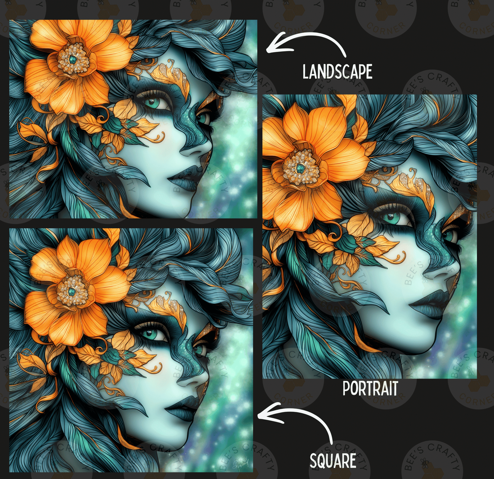 The image is a collage of three images depicting a woman's face with intricate floral and leaf designs. The first image shows the woman's face with a large orange flower, the second image shows the woman's face with a large yellow flower, and the third image shows the woman's face with a large orange flower. The images are labeled as "Landscape" and "Portrait" to indicate the different artistic styles used.